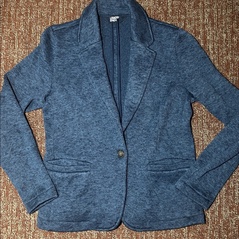 Land’s end heavyweight warm one button heathered navy blue thick knit blazer xs
